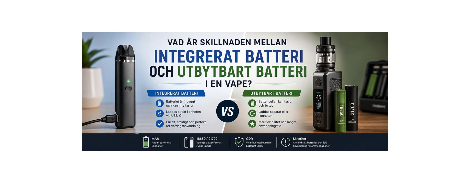 Vad är skillnaden mellan integrerat batteri och utbytbart batteri i en vape? Vad är skillnaden mellan integrerat batteri och utbytbart batteri i en vape?